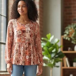 Andree by Unit Babydoll Top Womens Large Peach & Rust Floral Mixed Print Blouse